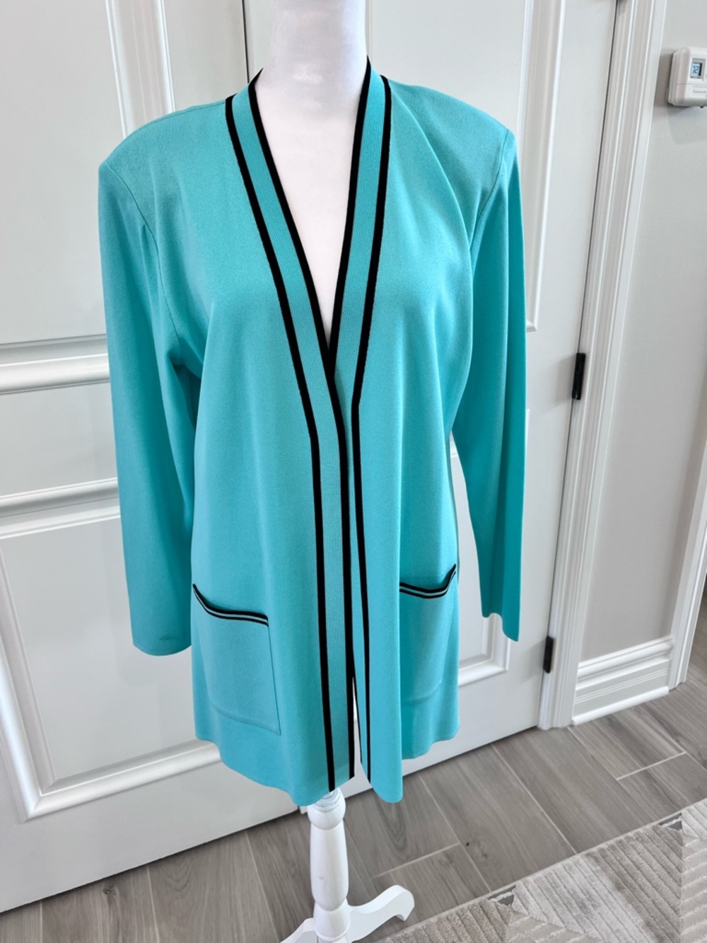 Misook Turquoise Open-Front Cardigan with Black Trim